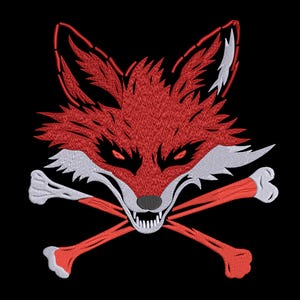 May include: Embroidered design of a red fox head with white accents and crossed bones on a black background. The fox has a fierce expression with glowing eyes and sharp teeth. The design is likely for apparel or accessories.