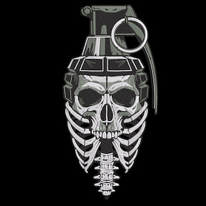 May include: An embroidered patch design featuring a hand grenade integrated with a human skull and rib cage. The skull forms the center of the grenade, with white ribs extending downward and a spinal column extending from the base in shades of gray.