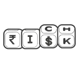 Puede incluir: Un diseño bordado que deletrea la palabra "RISK" usando símbolos de moneda y letras. El diseño incluye el símbolo de la rupia india, la letra "I", el signo de dólar y las letras "C" y "K". El diseño es en blanco y negro.