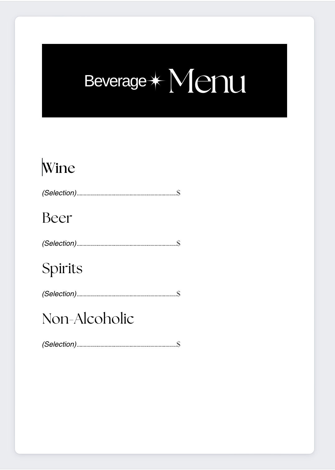 Editable Beverage Menu Template instant Download Etsy