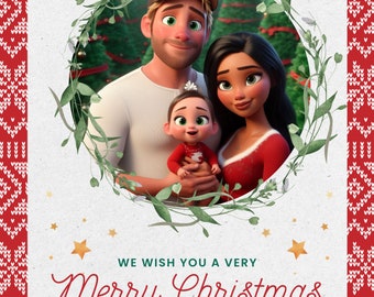May include: A Christmas card featuring a family of three with a green wreath around them. The text reads "We wish you a very Merry Christmas" and "The Barnard Family".