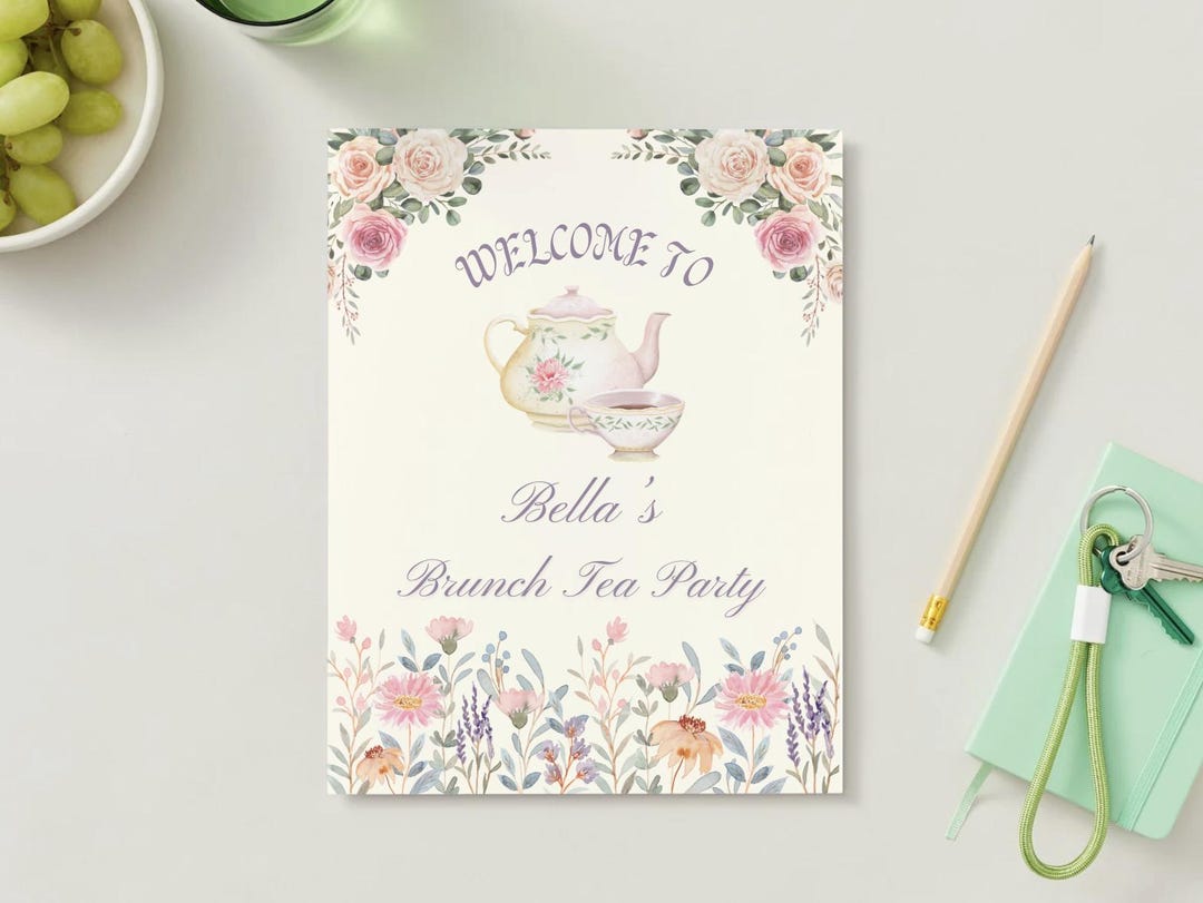 Tea Party Welcome Sign Template, Editable Canva Poster, Floral Brunch ...