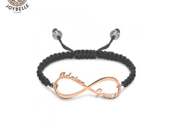 Bracelet cordon infinity 2 noms - Bijoux personnalisés en or rose - Cadeau personnalisé pour elle