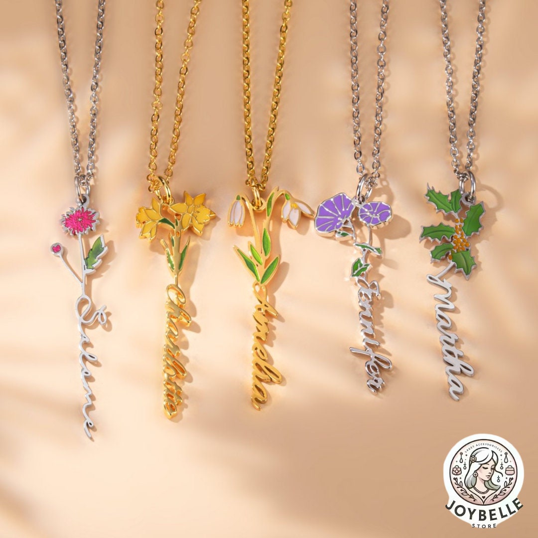 Personalized Name Necklace with Birth Flower Bouquet #3