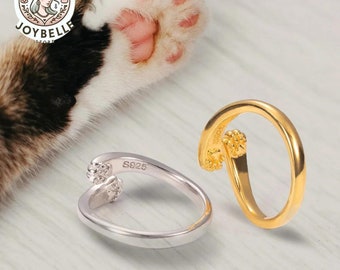 Sterling Silver Cat Paw Hug Ring, Custom Engraved Feline Jewelry, Unique Gift for Cat Lovers, Personalized Pet Lover Accessory, Cute Ring