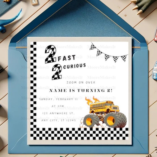 2 Fast 2 Curious Birthday Invitation, Monster Bus Birthday Invite, Editable Birthday Invite, 2nd Birthday Invitation, Customizable Invite