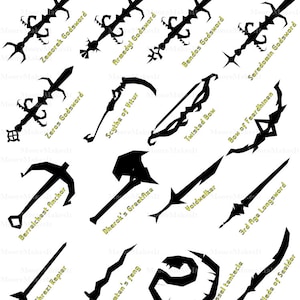 May include: A collection of 14 black silhouette images of fantasy weapons, including swords, axes, bows, and a scythe. Each weapon has a unique design and is labeled with its name in yellow text.