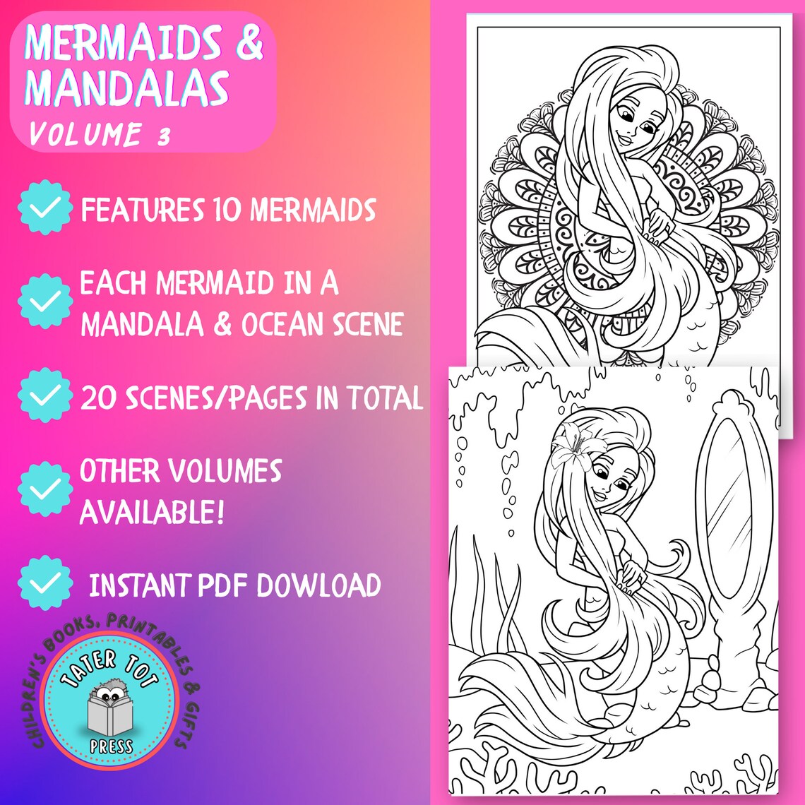 Mermaid Mandala Coloring Pagesvol 3 Instant Digital Downloadkids DIY ...