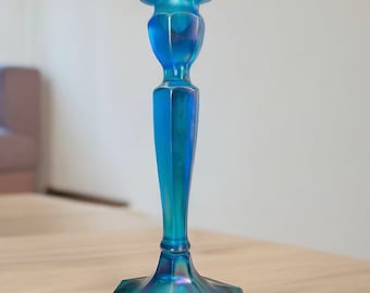 Antique Northwood Six Five Seven #657 Celeste Blue Carnival Stretch Glass Candlestick