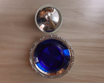 Vintage metal butter/Jam container with cobalt blue dish. 3 pieces. looks lovely on the dinner table