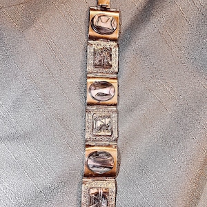 1950s Vintage Handmade Mexican Carved Abalone Shell Panel Link Bracelet - 7&quot;