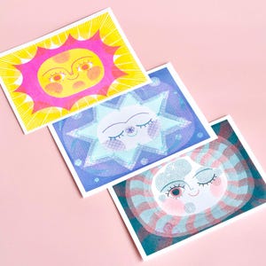 Whimsical Risograph Prints Set – Sun, Moon & Stars | Celestial Wall Art, Quirky Cute Decor, Riso Art for Kids  Gifts