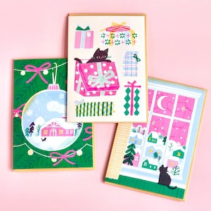 Lot de cartes de Noël 2024 - Illustration rose vif de chats mignons Scènes d'hiver douillettes pour les Fêtes Acclamation de joie