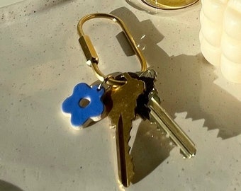 ceramic daisy brass carabiner keychain - cute key ring For women, handmade gift, gold keychain