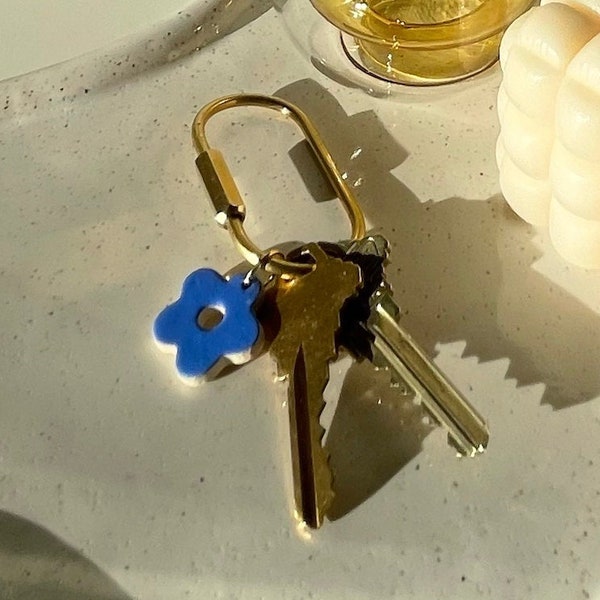 ceramic daisy brass carabiner keychain - cute key ring For women, handmade gift, gold keychain