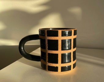 Handmade Ceramic Grid Mug - handmade mug, aesthetic mug, office mug, tea mug, coffee lovers mug,  stoneware mug