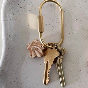 ceramic daisy brass carabiner keychain cute key ring For women, handmade gift, gold keychain image 3