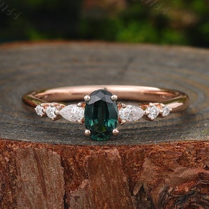 Vintage Oval cut Blue Green Sapphire Engagement ring Rose Gold ring Pear cut Moissanite diamond ring Teal sapphire anniversary promise ring.