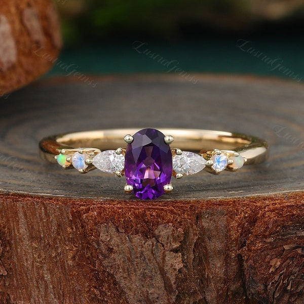 Vintage Oval cut Amethyst Engagement ring Yellow Gold ring Pear cut Moissanite diamond Moonstone opal ring Bridal anniversary promise ring.