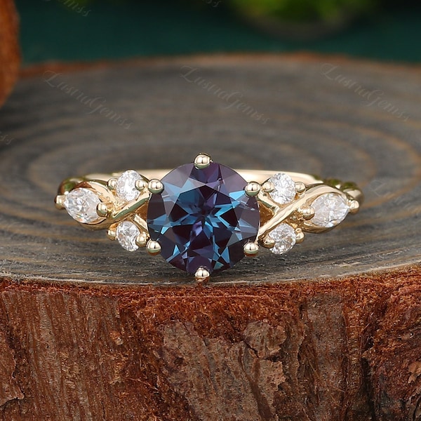 Vintage Alexandrite Engagement ring Yellow Gold ring Cluster moissanite diamond ring 3/4 eternity twist band Promise Anniversary ring gift.