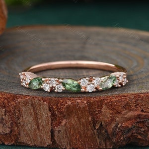 Marquise Lab green sapphire Stacking Wedding band Rose Gold ring Unique moissanite diamond Promise pave ring Anniversary Bridal ring gift.