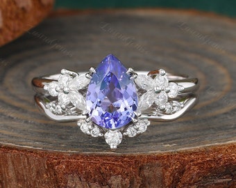 Vintage Pear cut Tanzanite Engagement ring set Silver White Gold Cluster Marquise diamond marriage Bridal set anniversary promise ring set.
