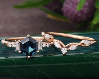 Hexagon cut London Blautopas Verlobungsring Set Rosegold Baguette Moissanit Marquise Diamant Brautring Set Jubiläum Versprechen Ring.