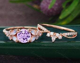 Vintage Amethyst Engagement ring set Solid Rose Gold Cluster Marquise Moonstone Bridal set Cross wedding band Anniversary Promise ring set.