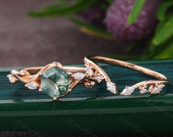 Hexagon cut Moss Agate Engagement ring set Rose Gold Leaf ring set Marquise moissanite diamond Bridal set Anniversary promise Wedding set.