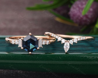 Hexagon cut London Blautopas Verlobungsring Set Rosegold Baguette Moissanit Marquise Diamant Brautring Set Jubiläum Versprechen Ring.