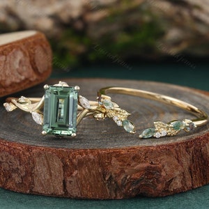 Emerald cut Lab green sapphire Engagement ring set Yellow Gold Twist Leaf ring Marquise diamond ring Bridal set Anniversary promise ring set
