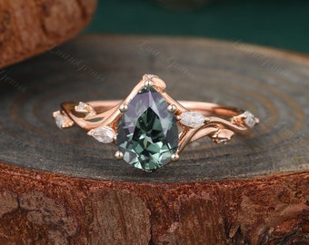 Vintage Pear cut Lab Green Sapphire ring Solid Rose Gold Twist Branch Cluster Marquise diamond ring Bridal anniversary promise ring gift