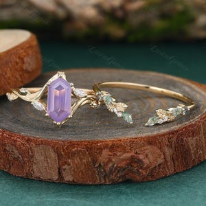 Elongated Hexagon Lavender Amethyst Engagement ring set Leaf Yellow Gold Moissanite ring Botanical Moss agate ring Bridal diamond ring set