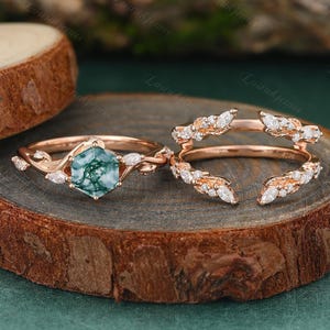 Hexagon cut Moss agate Engagement ring set Rose Gold Cluster Marquise Moissanite diamond ring Botanical Bridal set anniversary promise ring
