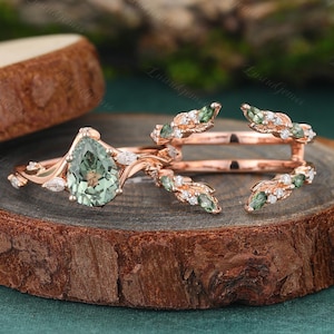 Pear Green sapphire Engagement ring set Rose Gold Twist Branch Bridal ring Marquise Green Sapphire Moissanite diamond anniversary Bridal set