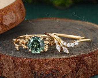 Vintage Green Sapphire Engagement ring Yellow Gold Wedding ring set Twig Leaf ring Twist Branch marriage ring Bridal set Anniversary ring.