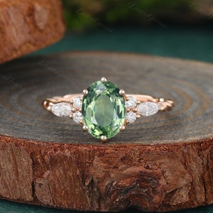 Vintage Oval cut Green sapphire Engagement ring Solid Rose Gold Marquise moissanite diamond marriage ring Anniversary promise twist ring