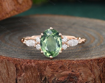 Vintage Oval cut Green sapphire Engagement ring Solid Rose Gold Marquise moissanite diamond marriage ring Anniversary promise twist ring
