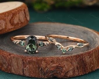 Oval Cut Green Sapphire Engagement ring set Vintage Rose Gold Wedding ring Pear sapphire marriage ring Marquise Bridal Sapphire ring set