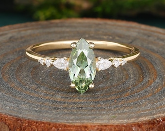 Anillo de compromiso vintage con zafiro verde talla marquesa y oro amarillo, anillo de boda con moissanita en forma de pera, joyería hecha a mano, regalo de aniversario nupcial