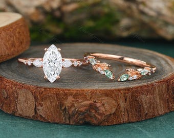 1CT Lab grown diamond Engagement ring set Marquise Rose Gold IGI Certified Diamond Wedding Open ring Alexandrite Bridal Anniversary Jewelry