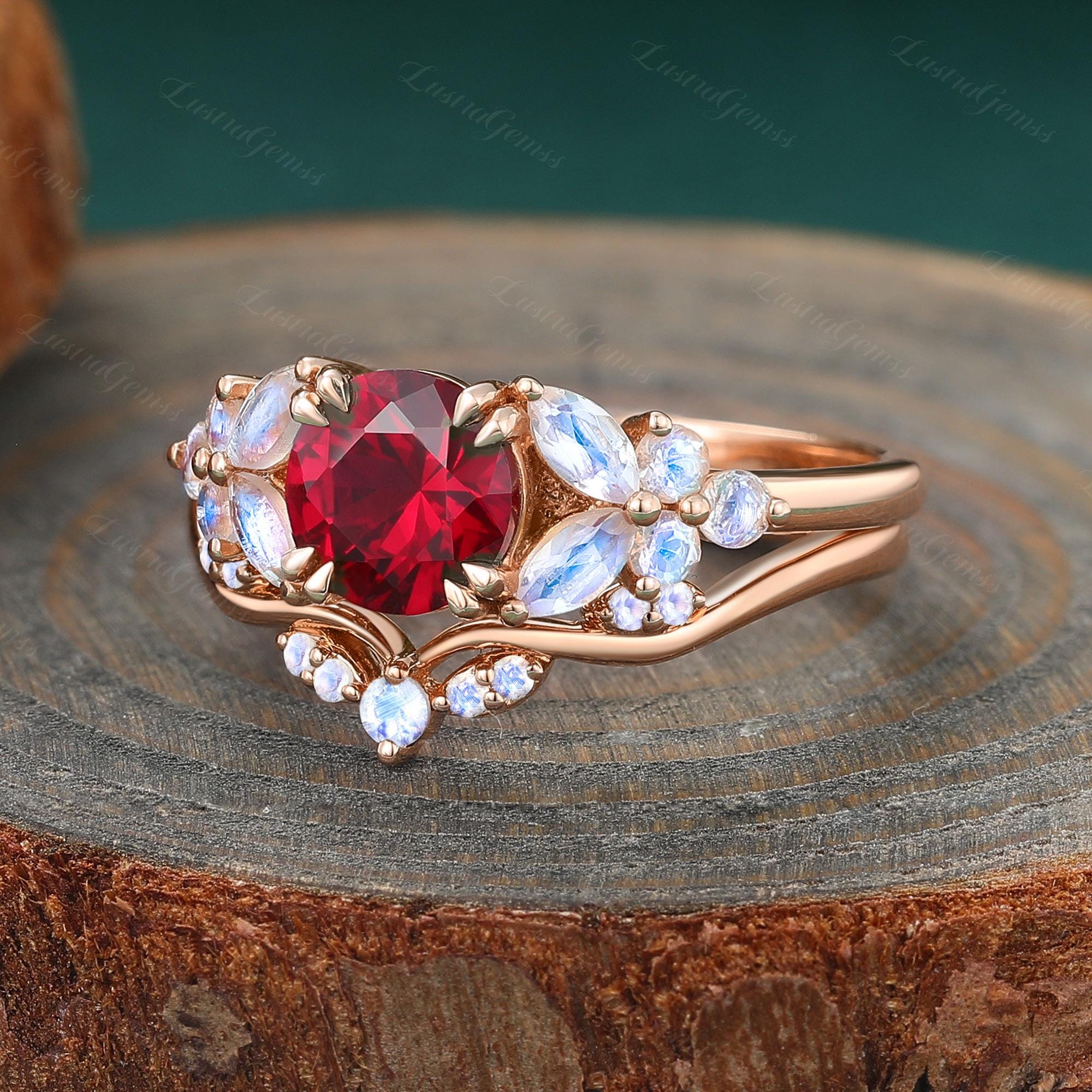 Dainty Round Cut Ruby Engagement Ring Set Art Deco Rose Gold Marquise ...