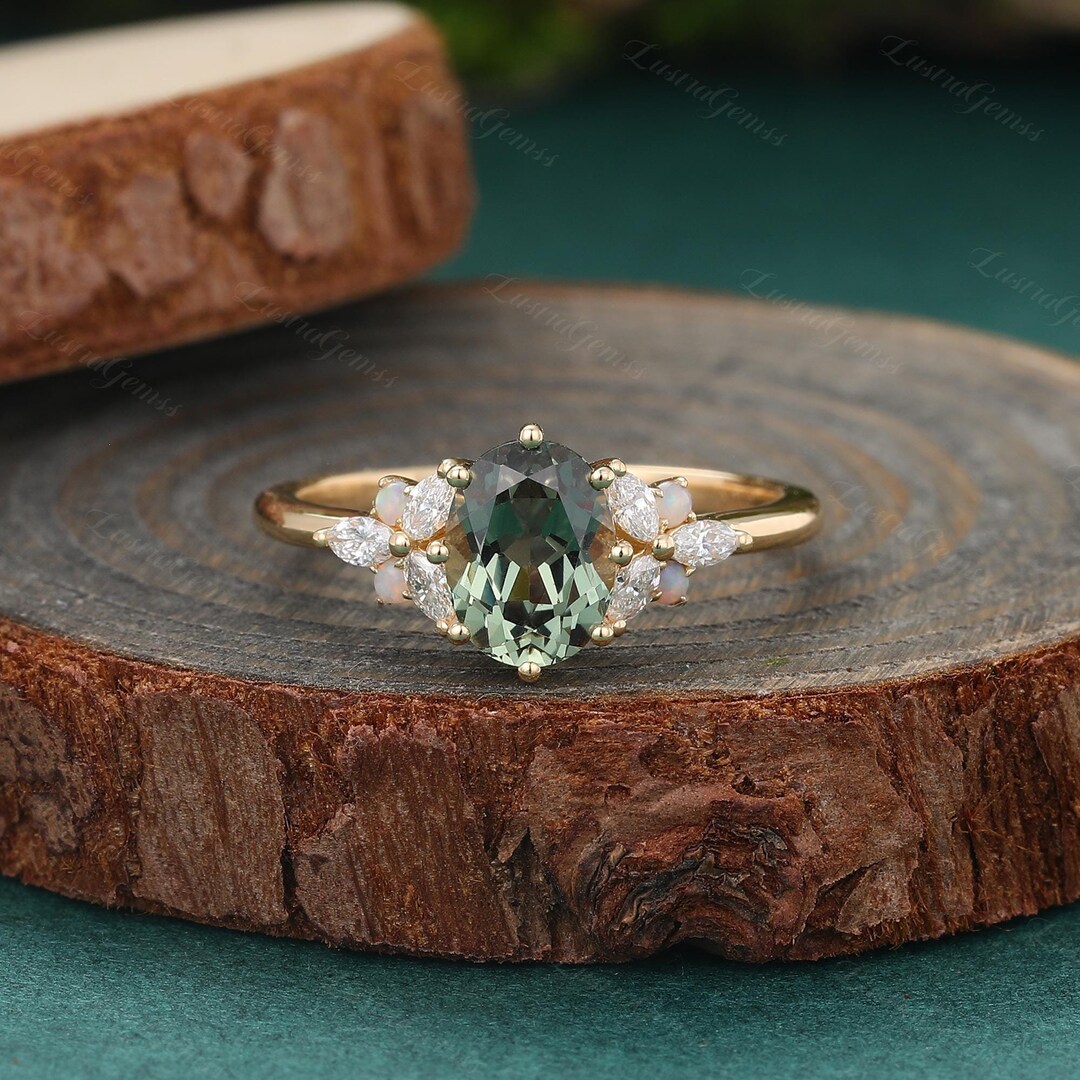 Oval Cut Green Sapphire Engagement Ring Yellow Gold Wedding Ring Unique ...