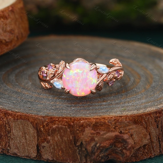 Vintage 7MM Pink Opal Engagement Ring Rose Gold Moonstone Ring