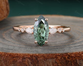 Vintage Marquise cut Green Sapphire Engagement ring Rose Gold Pear Moissanite Wedding ring Handmade Jewelry Bridal Anniversary ring gift
