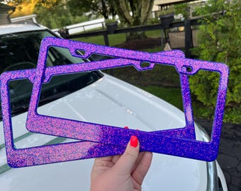 Purple color shift glitter resin license plate frame set of 2