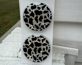 White Iridecent glitter Cow print resin car coasters set of 2