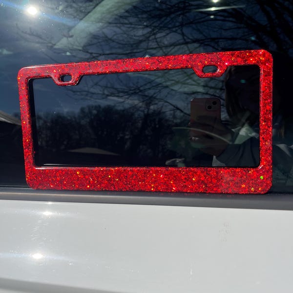 Juego de 2 placas de matrícula de resina holográfica con purpurina gruesa de color rojo cereza brillante