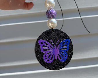 Sparkly black with purple blue iridescent butterfly decorative resin rearview mirror beaded car charm- 3 inch