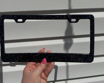 Black holographic medium chunk glitter resin license plate frame